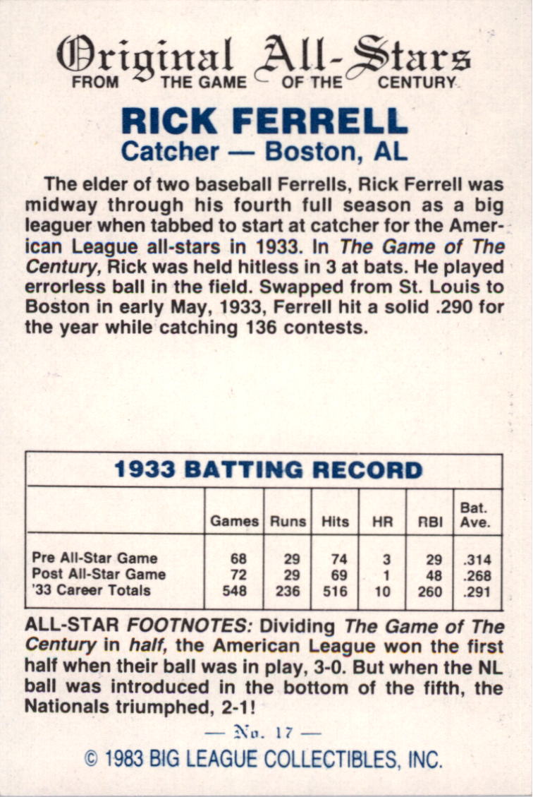 1983 Big League Collectibles Original All-Stars #17 Rick Ferrell back image