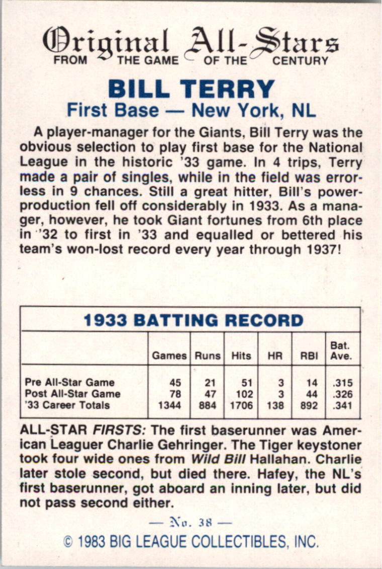1983 Big League Collectibles Original All-Stars #38 Bill Terry back image
