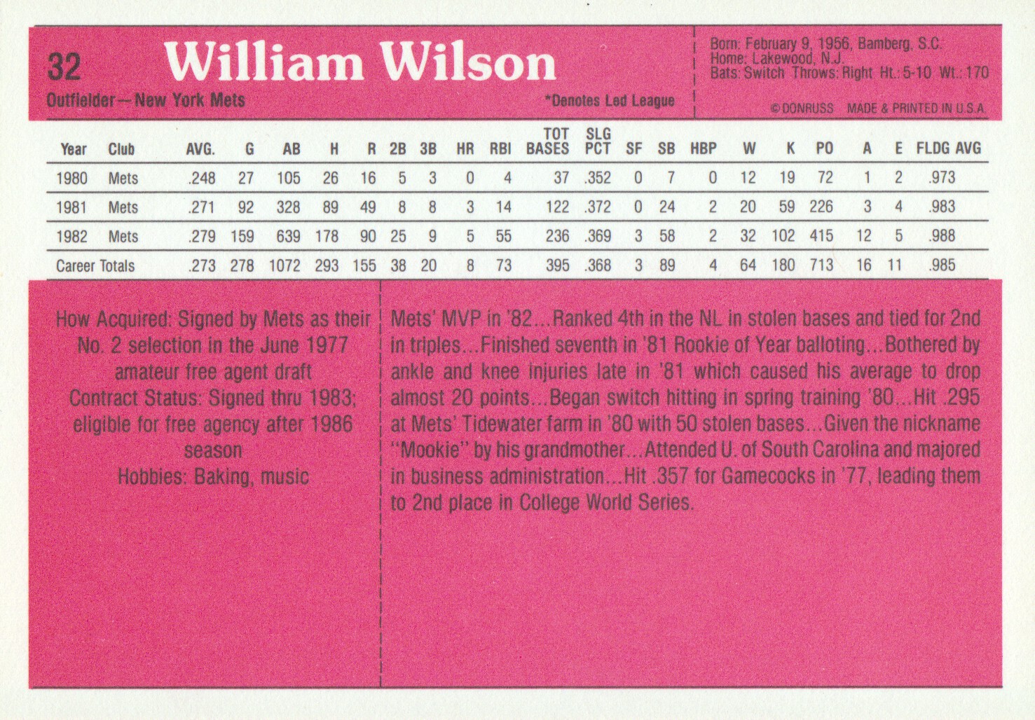 1983 Donruss Action All-Stars #32 Mookie Wilson back image