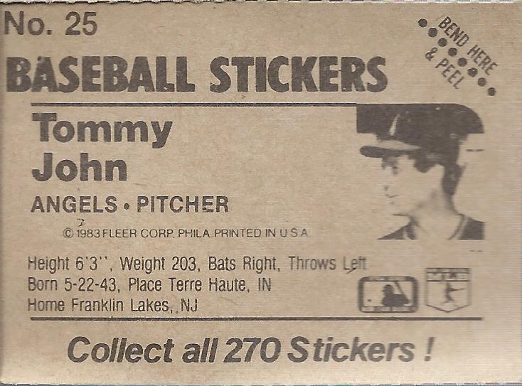 1983 Fleer Stickers #25 Tommy John back image
