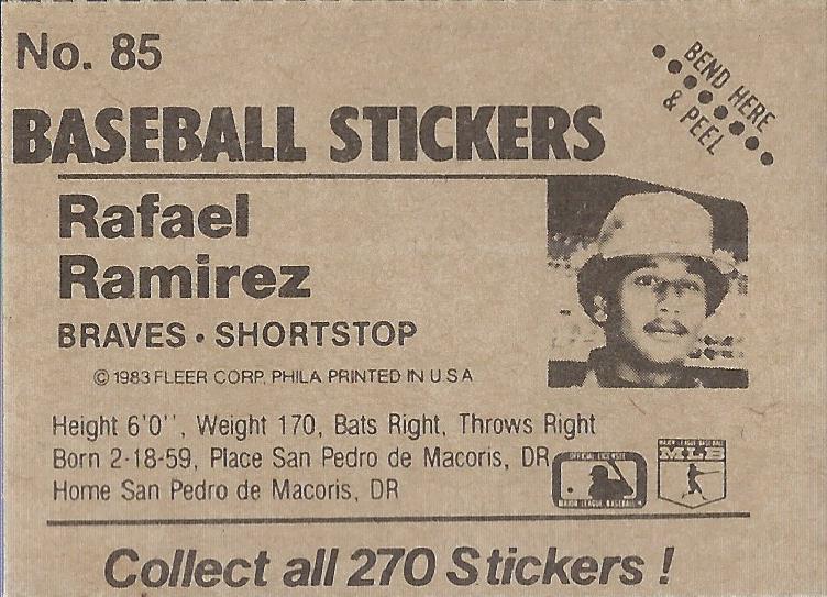 1983 Fleer Stickers #85 Rafael Ramirez back image