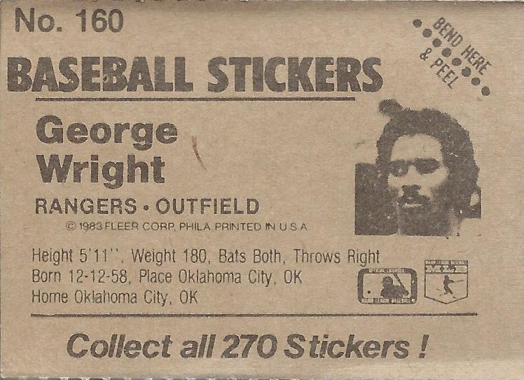 1983 Fleer Stickers #160 George Wright back image