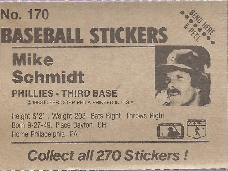 1983 Fleer Stickers #170 Mike Schmidt back image