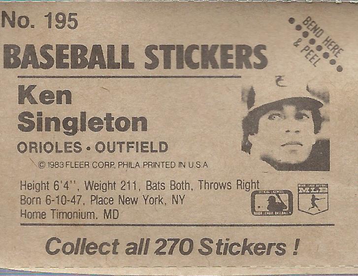1983 Fleer Stickers #195 Ken Singleton back image