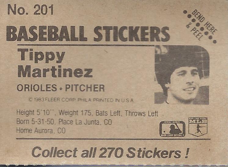 1983 Fleer Stickers #201 Tippy Martinez back image
