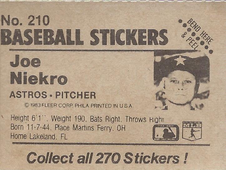 1983 Fleer Stickers #210 Joe Niekro back image