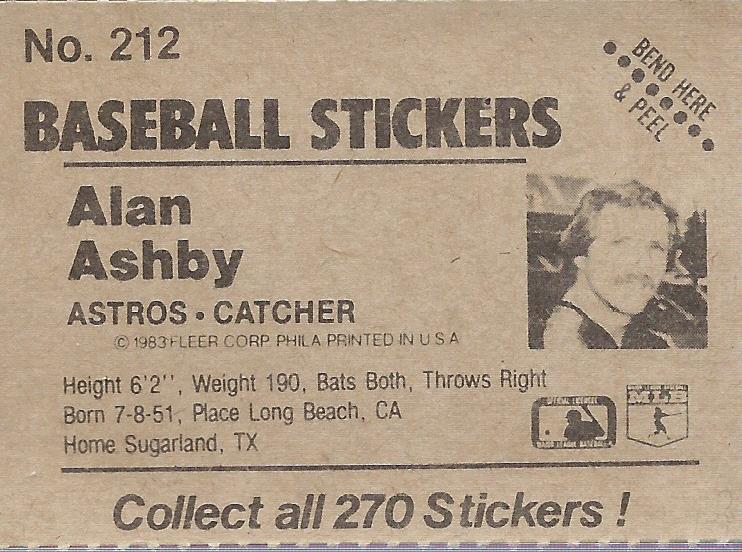 1983 Fleer Stickers #212 Alan Ashby back image