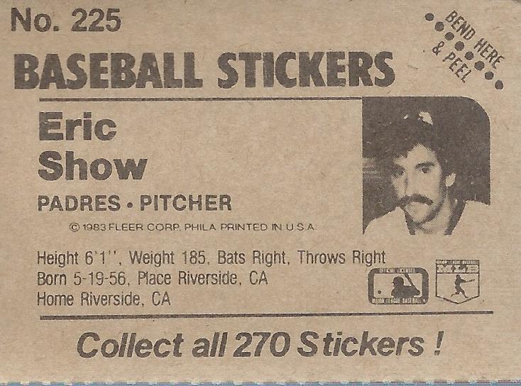 1983 Fleer Stickers #225 Eric Show back image