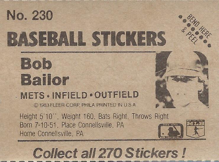 1983 Fleer Stickers #230 Bob Bailor back image
