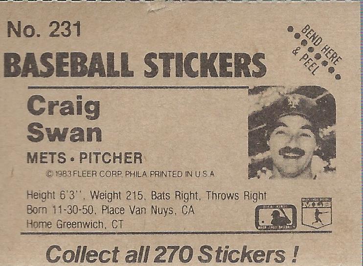 1983 Fleer Stickers #231 Craig Swan back image