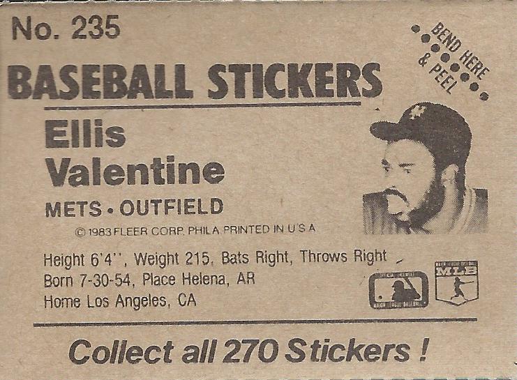1983 Fleer Stickers #235 Ellis Valentine back image