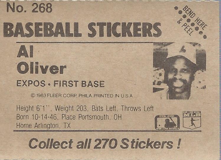 1983 Fleer Stickers #268 Al Oliver back image