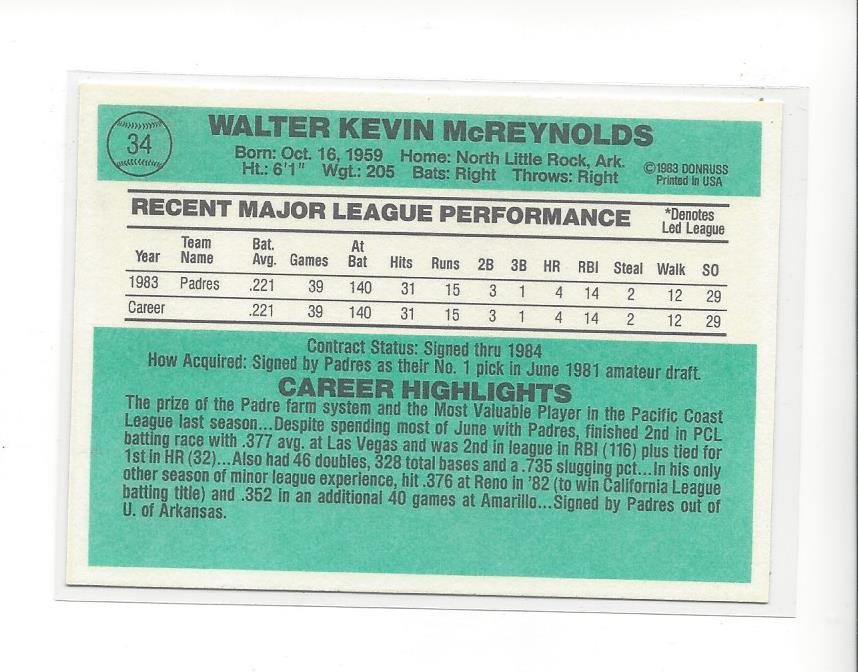 1984 Donruss #34 Kevin  McReynolds RC back image
