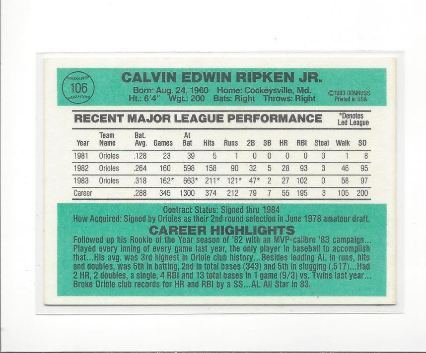 1984 Donruss #106 Cal Ripken back image