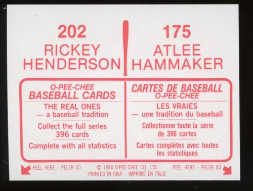 1984 O-Pee-Chee Stickers #202 Rickey Henderson/(175) back image