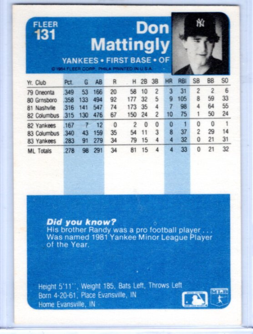 1984 Fleer #131 Don Mattingly RC back image