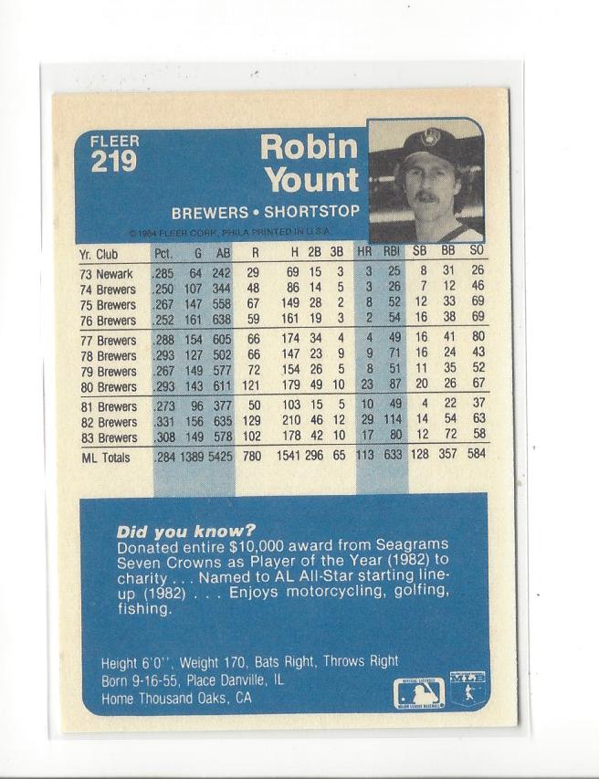 1984 Fleer #219 Robin Yount back image