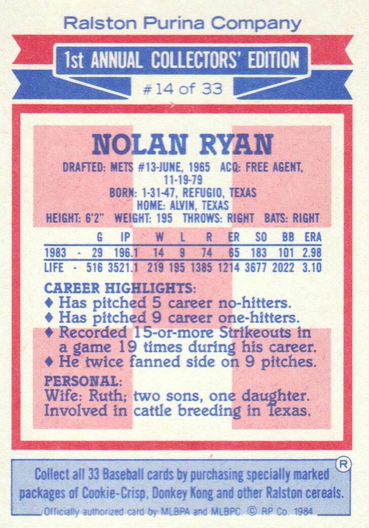 1984 Ralston Purina #14 Nolan Ryan back image