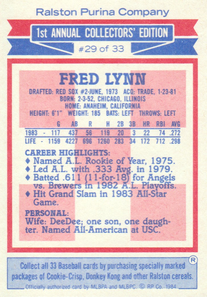 1984 Ralston Purina #29 Fred Lynn back image