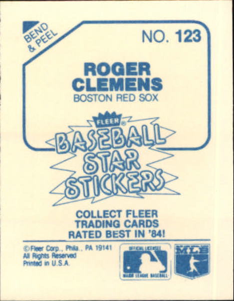 1985 Fleer Star Stickers #123 Roger Clemens back image