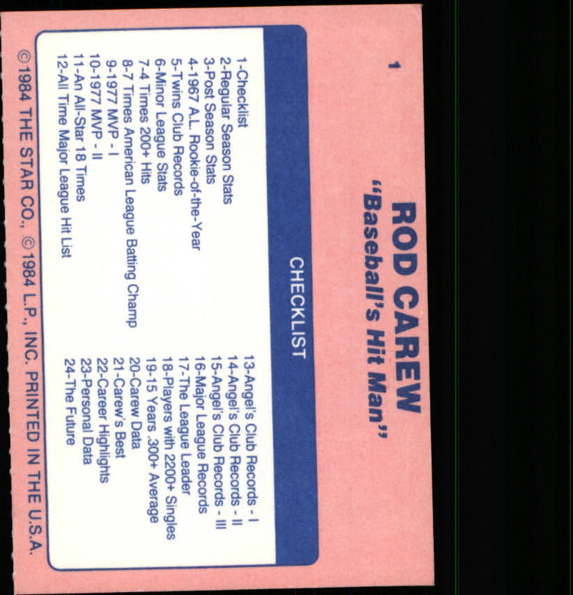 1985 Star Carew #1 Rod Carew/Checklist back image