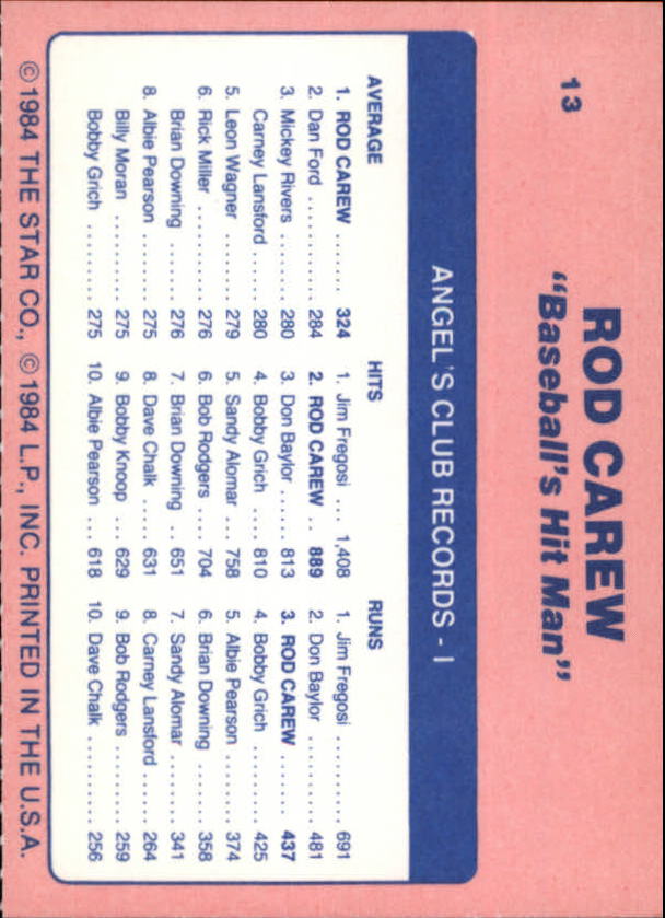 1985 Star Carew #13 Rod Carew/Angels Club Records back image