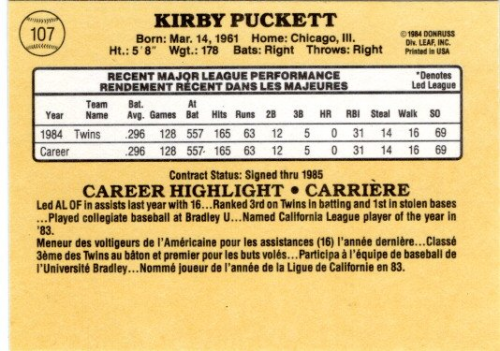 1985 Leaf/Donruss #107 Kirby Puckett RC back image