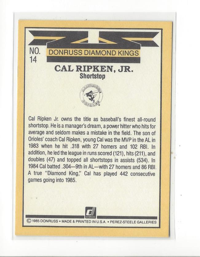 1985 Donruss #14 Cal Ripken DK back image