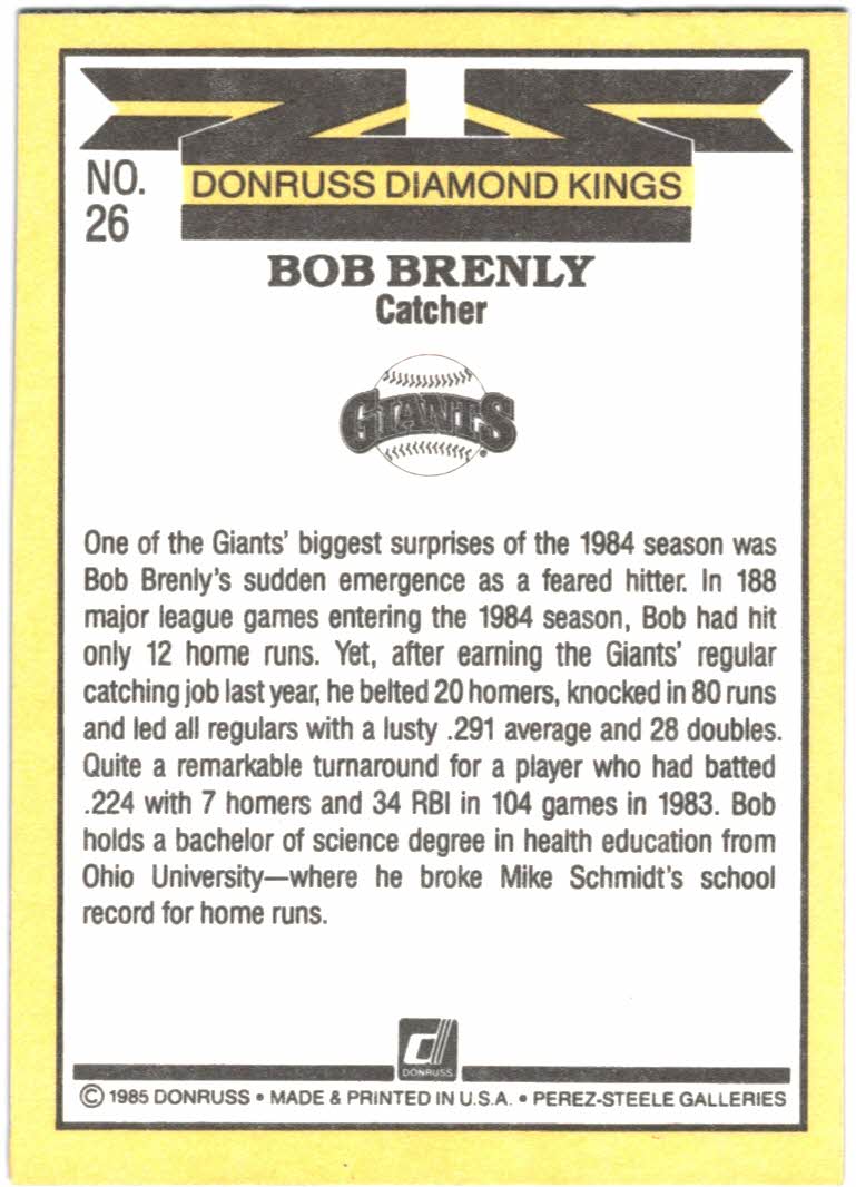 1985 Donruss #26 Bob Brenly DK back image