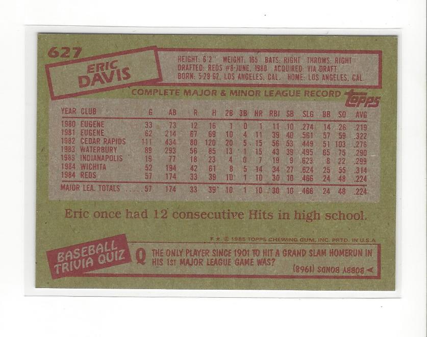 1985 Topps #627 Eric Davis RC back image