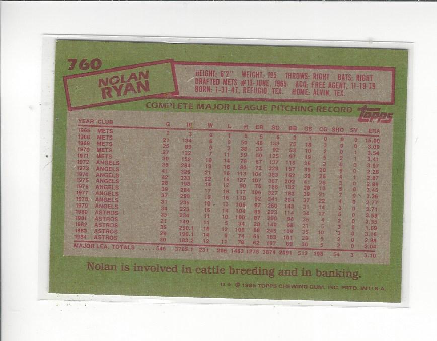 1985 Topps #760 Nolan Ryan back image