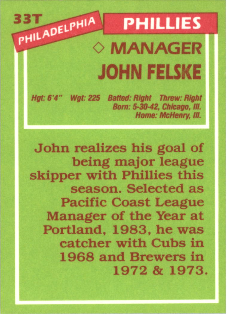 1985 Topps Traded Tiffany #33T John Felske MG back image