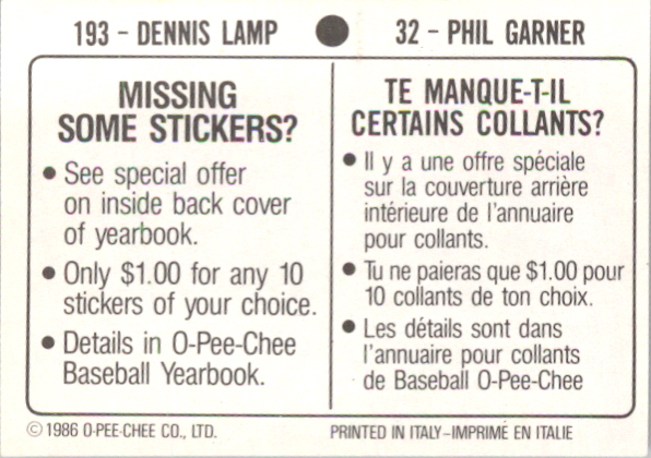 1986 O-Pee-Chee Stickers #193 Dennis Lamp (32) back image