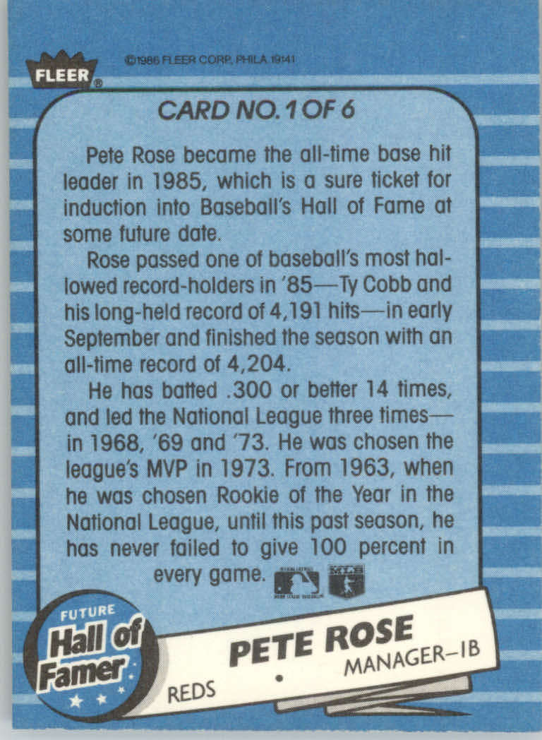 1986 Fleer Future Hall of Famers #1 Pete Rose back image
