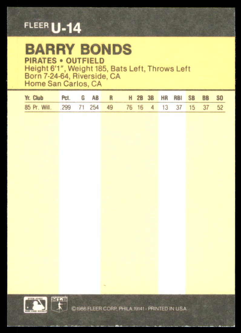 1986 Fleer Update #U14 Barry Bonds XRC back image