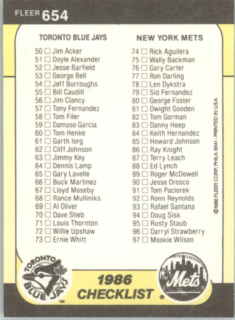 1986 Fleer Baseball "Main Set" Base Cards #441 to #660 - Picture 415 of 427