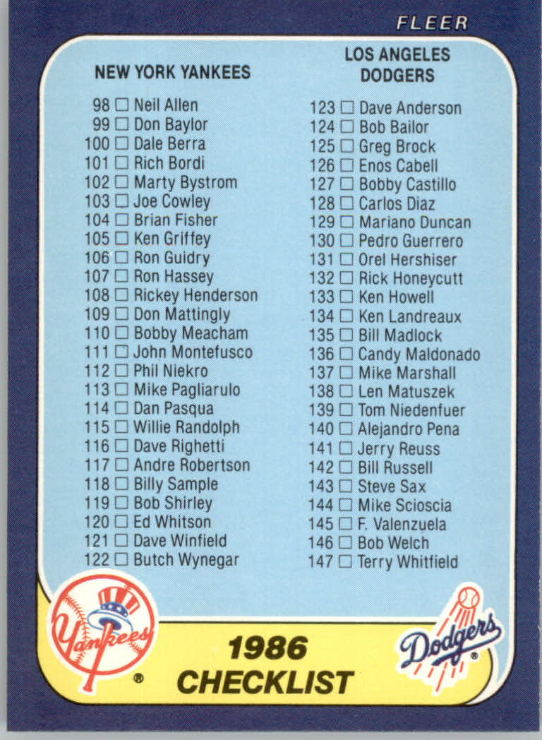 1986 Fleer Baseball "Main Set" Base Cards #441 to #660 - Picture 416 of 427