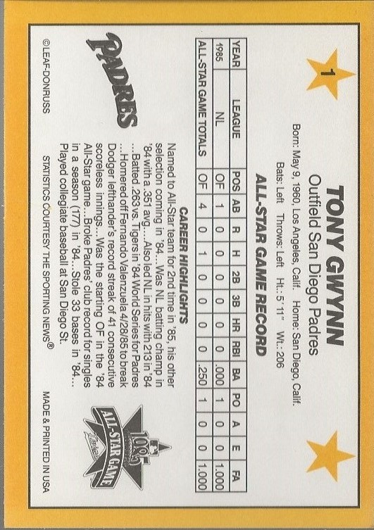 1986 Donruss All-Stars #1 Tony Gwynn back image