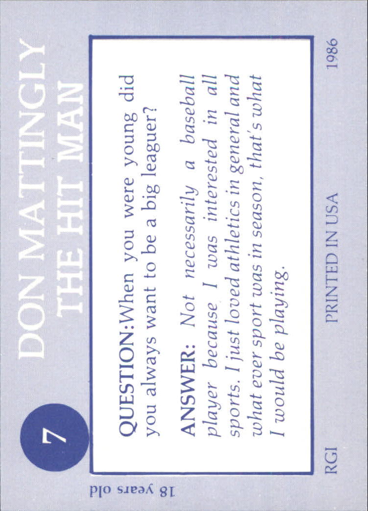 1986 Galasso Mattingly #7 Don Mattingly/Wearing Blue Shirt back image