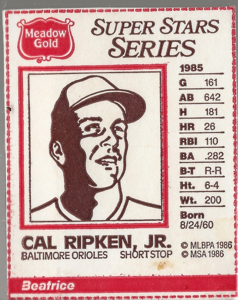 1986 Meadow Gold Milk #8 Cal Ripken