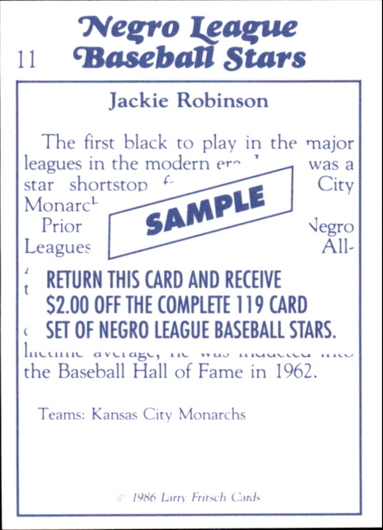 1986 Negro League Fritsch Samples #11 Jackie Robinson back image