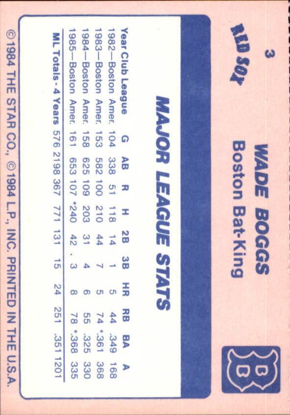 1986 Star Boggs #3 Wade Boggs/Major League Stats back image