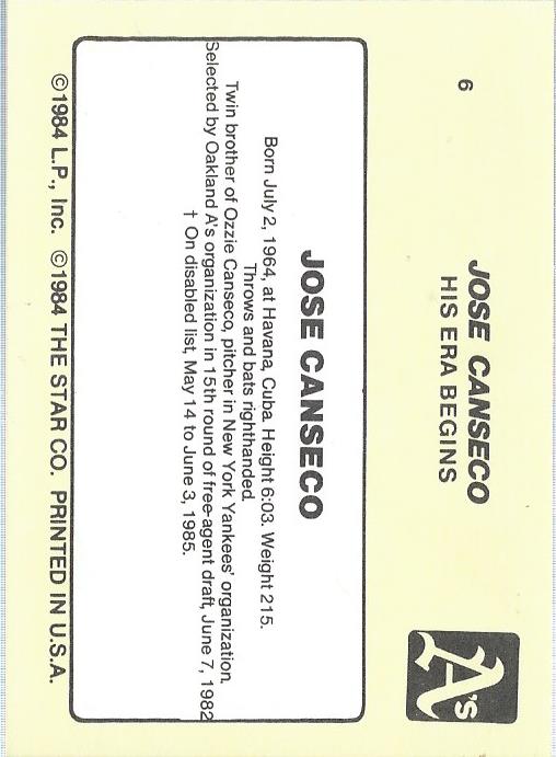 1986 Star Canseco #6 Jose Canseco/Personal Data back image
