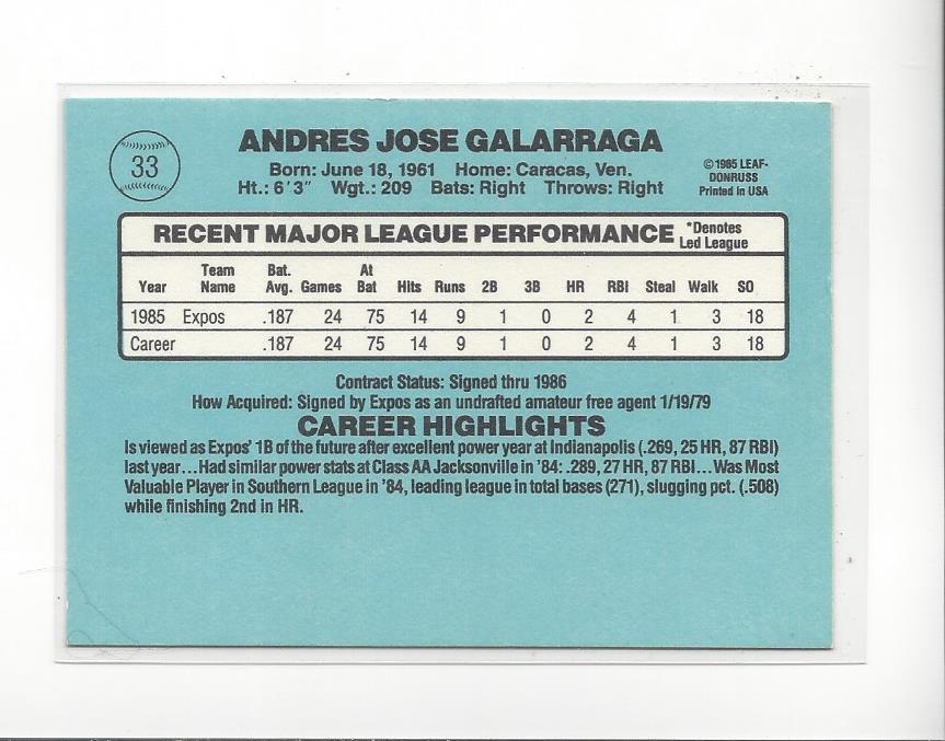 1986 Donruss #33A Andres Galarraga RC back image