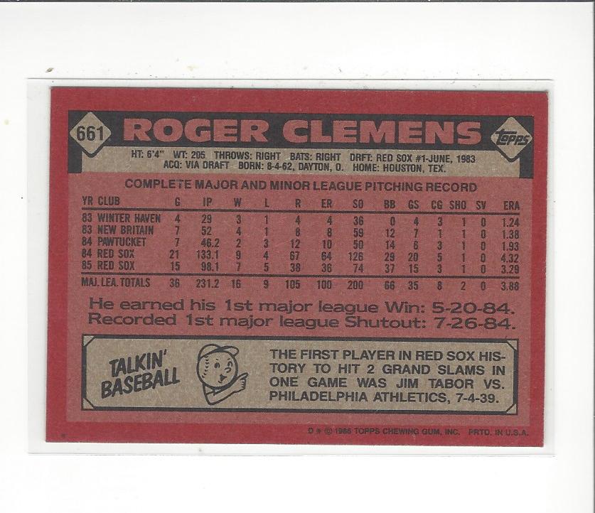 1986 Topps #661 Roger Clemens back image
