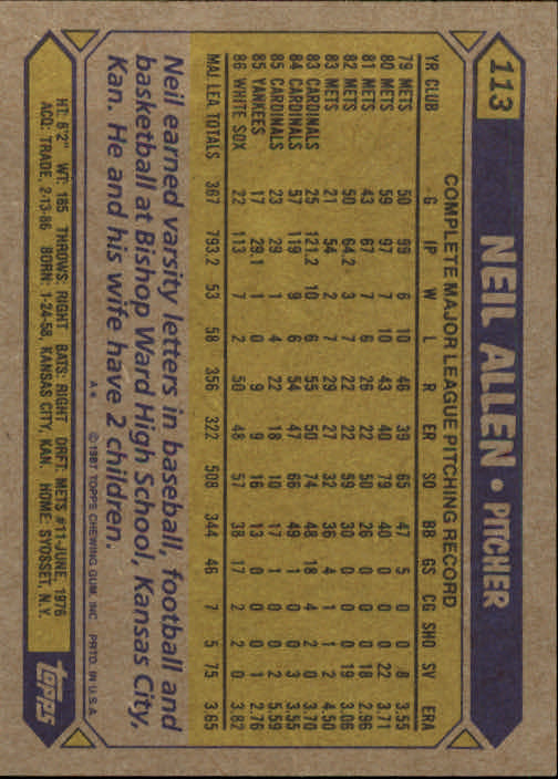 1987 Topps #113 Neil Allen back image