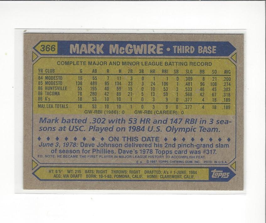 1987 Topps #366 Mark McGwire back image