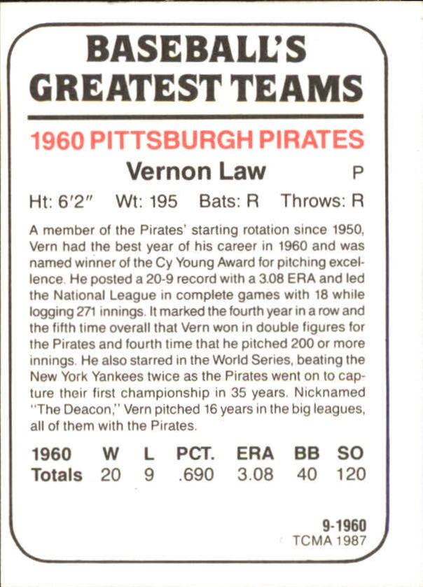 1987 Pirates 1960 TCMA #9 Vernon Law back image