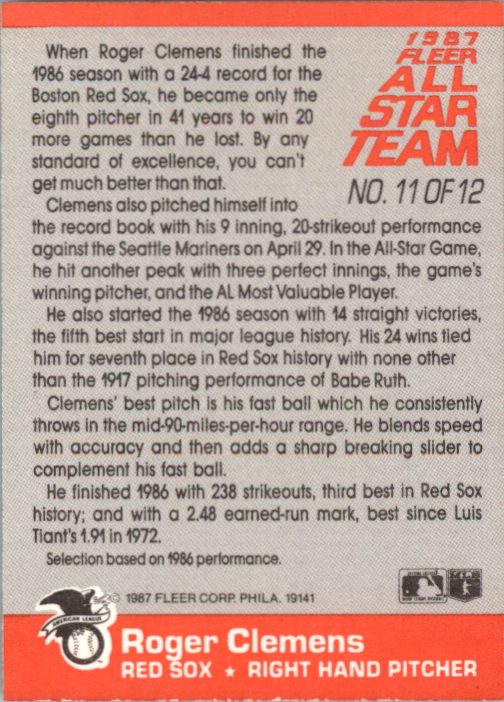 1987 Fleer All-Stars #11 Roger Clemens back image