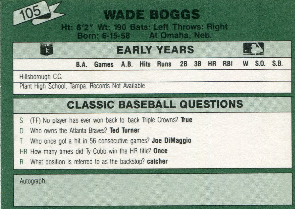 1987 Classic Update Yellow/Green Backs #105 Wade Boggs